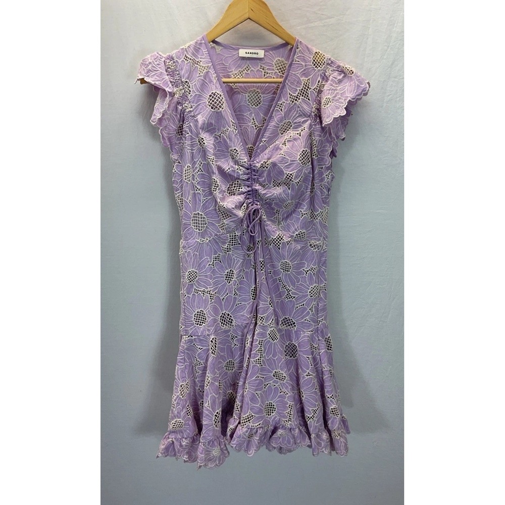 Sandro Broderi  Dress Purple flutter sleeve floral eyelet sz 40‎ US 8-10 - Picture 2 of 10